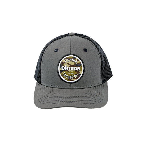 Okuma Charcoal Hat with Black Mesh & Embroidered Camo Patch - Okuma Fishing Tackle Corp