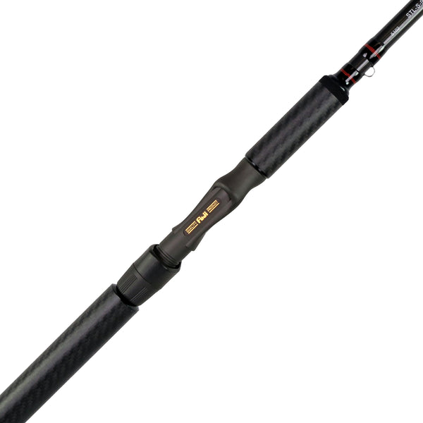 Fishing rod with black and gold design on a white background