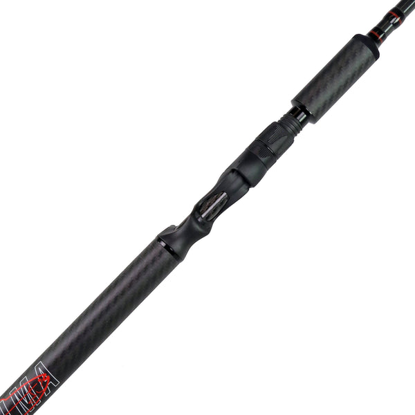 Black fishing rod with red branding on a white background