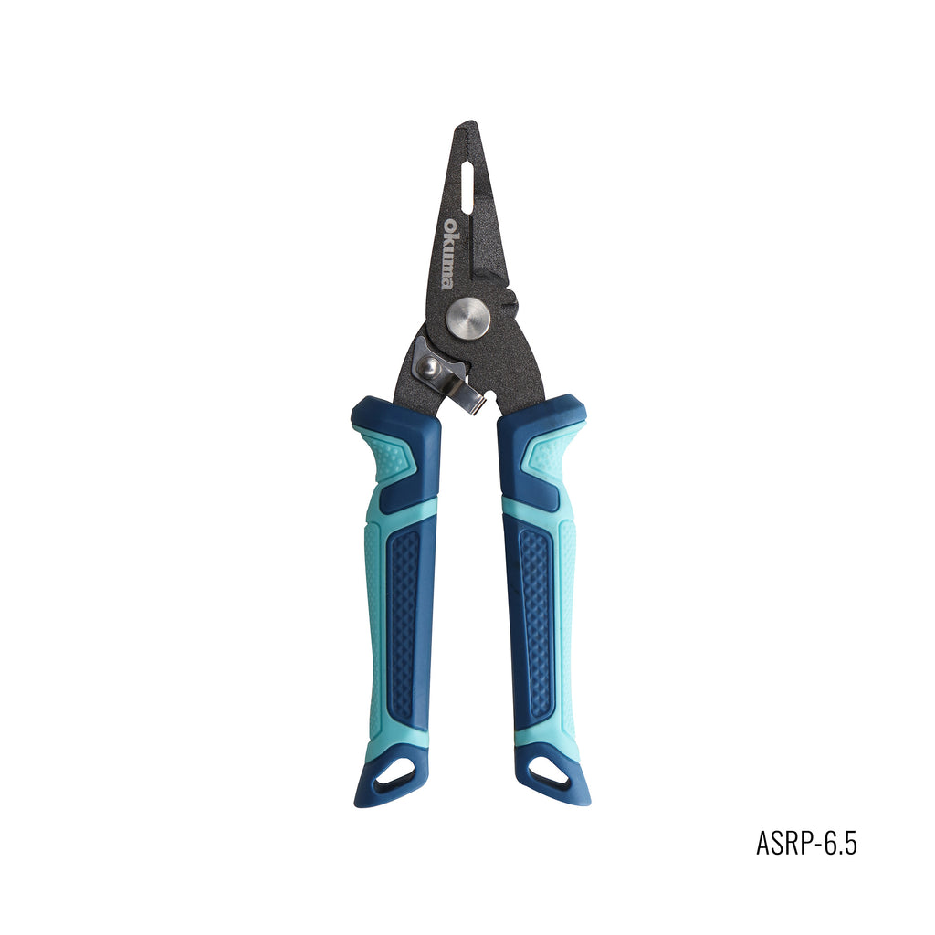A pair of needle-nose pliers with blue and light blue textured handles and black metal jaws, shown on a plain white background with the text 'ASRP-6.5' in the bottom right corner.