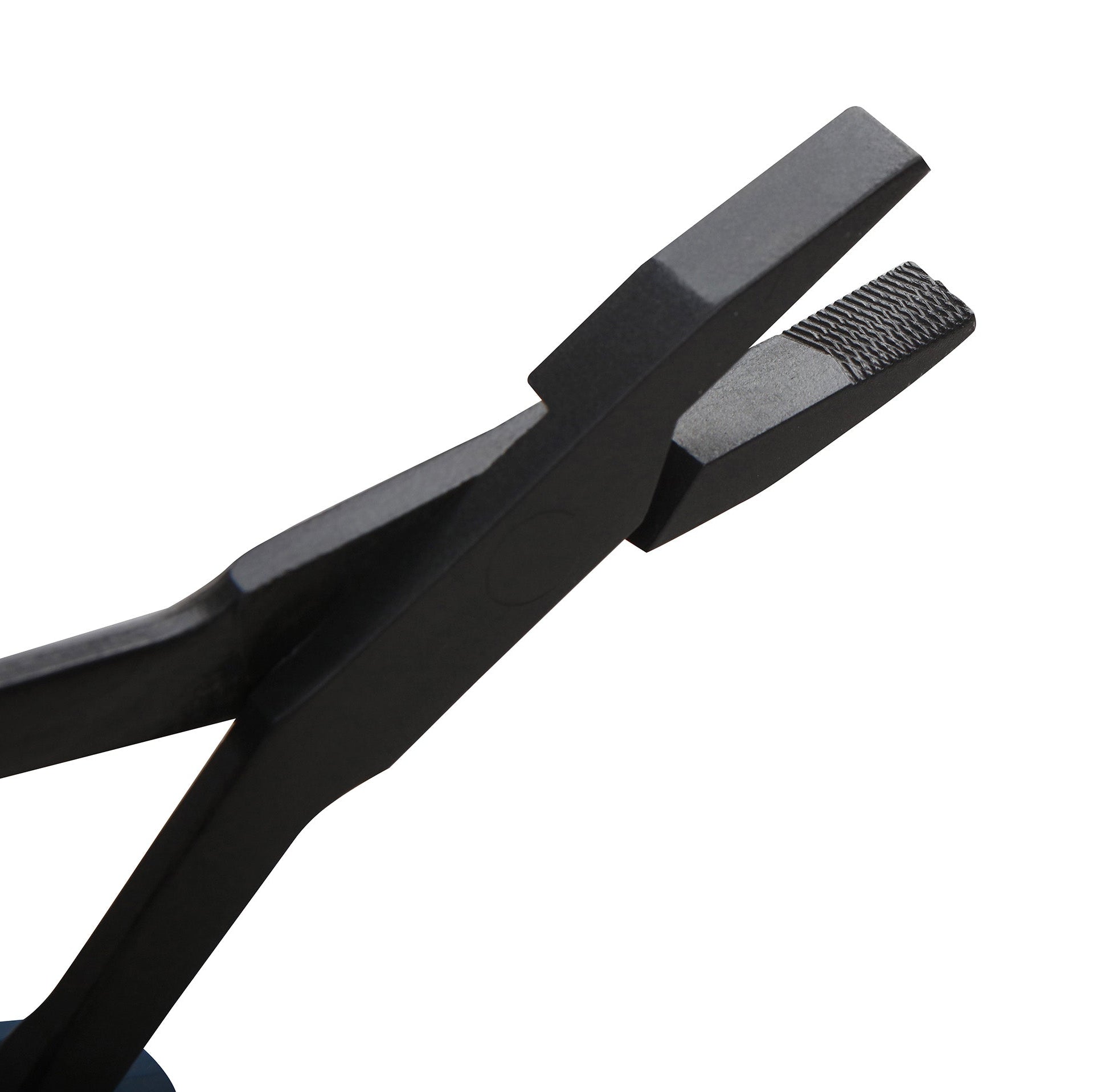 Black pliers with textured jaw on a white background