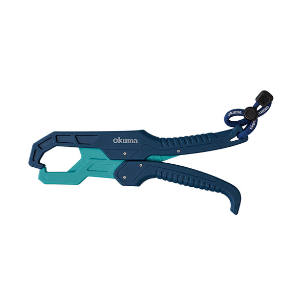 Okuma fish gripper blue and teal with white background