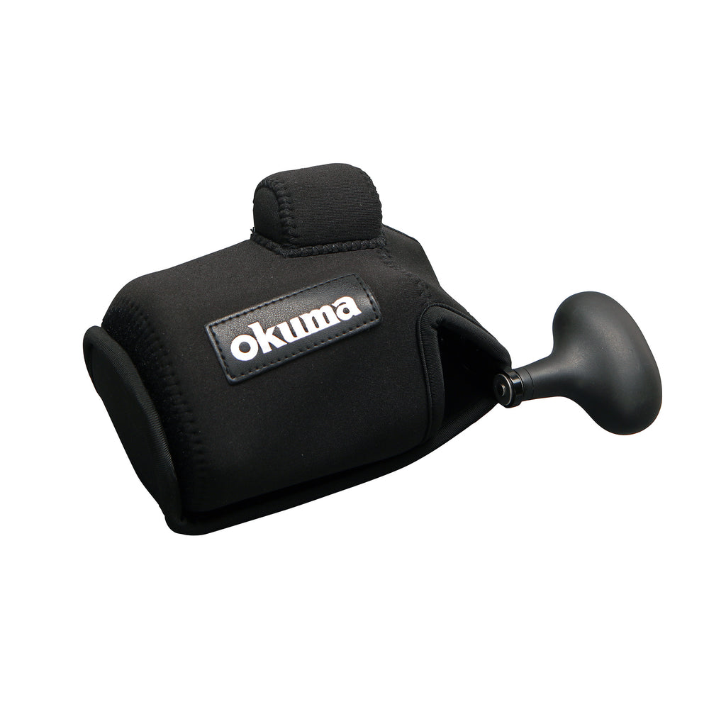 Black Reel cover with a matching black rubber strap and a visible Okuma brand patch on the front, shown on a plain white background.