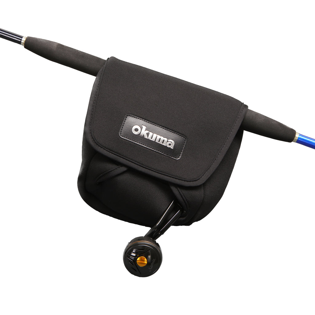 A black Okuma fishing rod bag mounted on a fishing rod, shown against a solid white background.