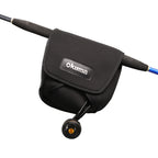 A black Okuma fishing rod bag mounted on a fishing rod, shown against a solid white background.