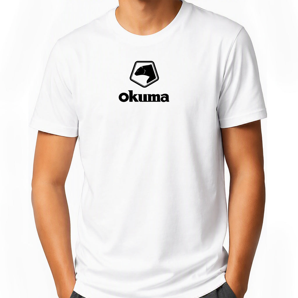 A white short-sleeve crewneck t-shirt featuring a black printed Okuma logo on the chest, worn by a model against a plain white background.