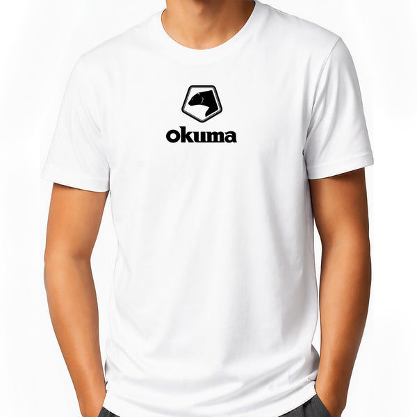 A white short-sleeve crewneck t-shirt featuring a black printed Okuma logo on the chest, worn by a model against a plain white background.