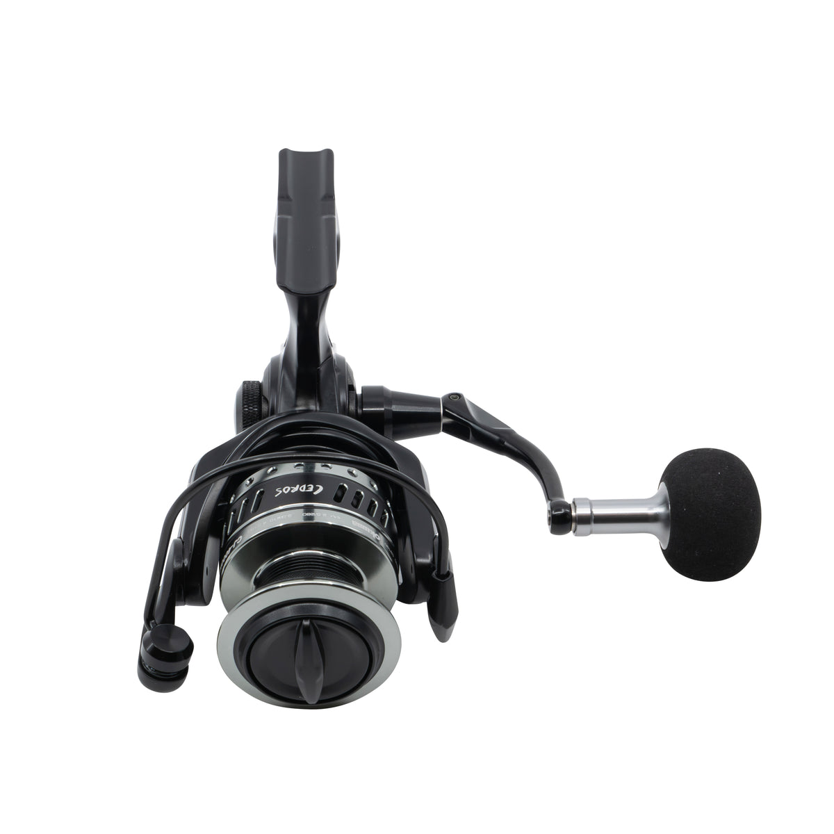 A black and silver spinning fishing reel with a black foam-wrapped handle, shown from a side angle on a solid white background.