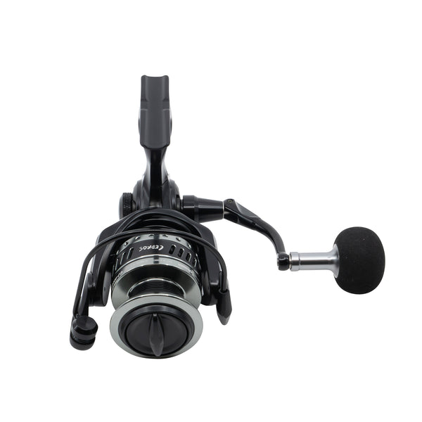 A black and silver spinning fishing reel with a black foam-wrapped handle, shown from a side angle on a solid white background.