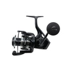 A black spinning fishing reel with a black handle reads CEDROS on white background.