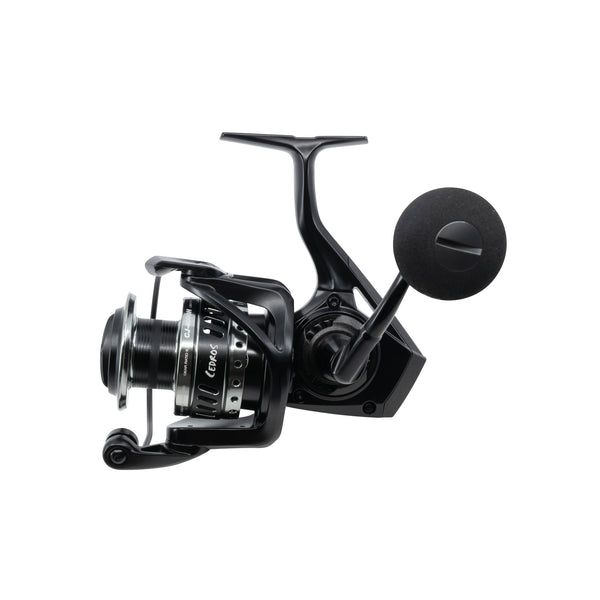 A black spinning fishing reel with a black handle reads CEDROS on white background.