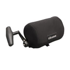 Black round reel cover with Okuma logo on white background