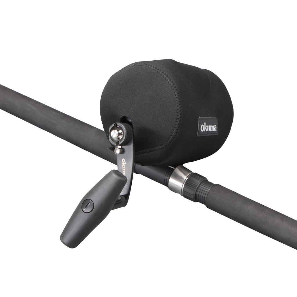 A close-up of a black Okuma rod cover and  a black fishing rod, shown against a solid white background.