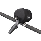 A close-up of a black Okuma rod cover and  a black fishing rod, shown against a solid white background.