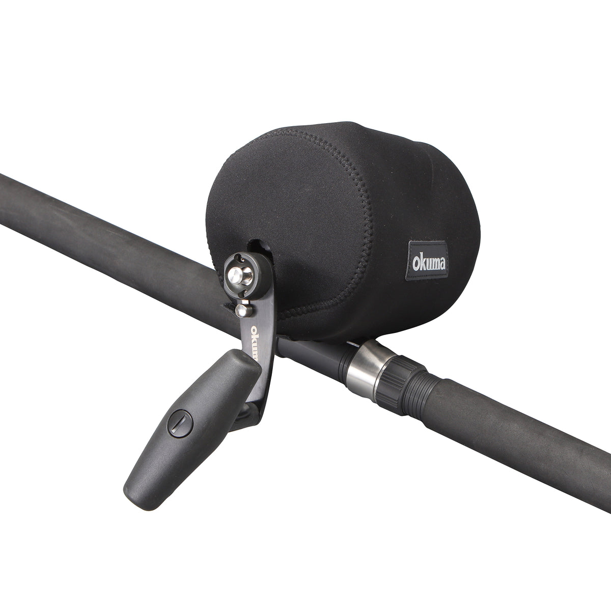 A close-up of a black Okuma rod cover and  a black fishing rod, shown against a solid white background.