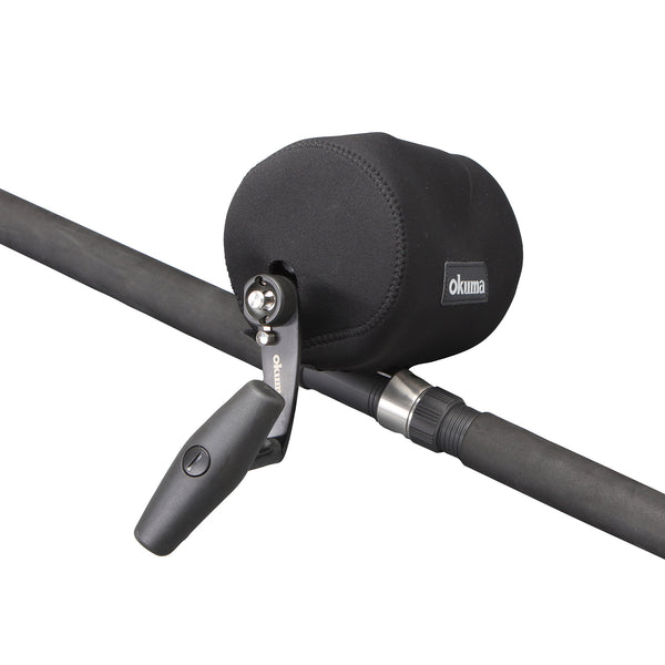 A close-up of a black Okuma rod cover and  a black fishing rod, shown against a solid white background.