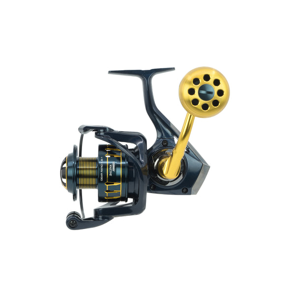 A spinning fishing reel with a matte black body and metallic gold accents, including the handle and spool details, shown against a solid white background.