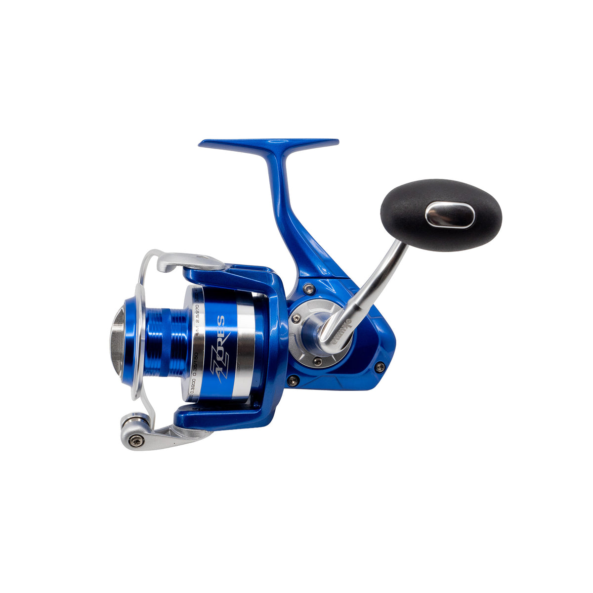 Blue Azores spinning fishing reel on white background